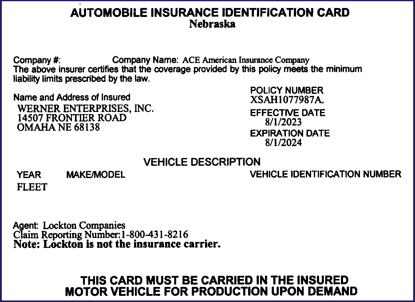 OWNER OP INSURANCE CARD – Eagle KMC Transportation